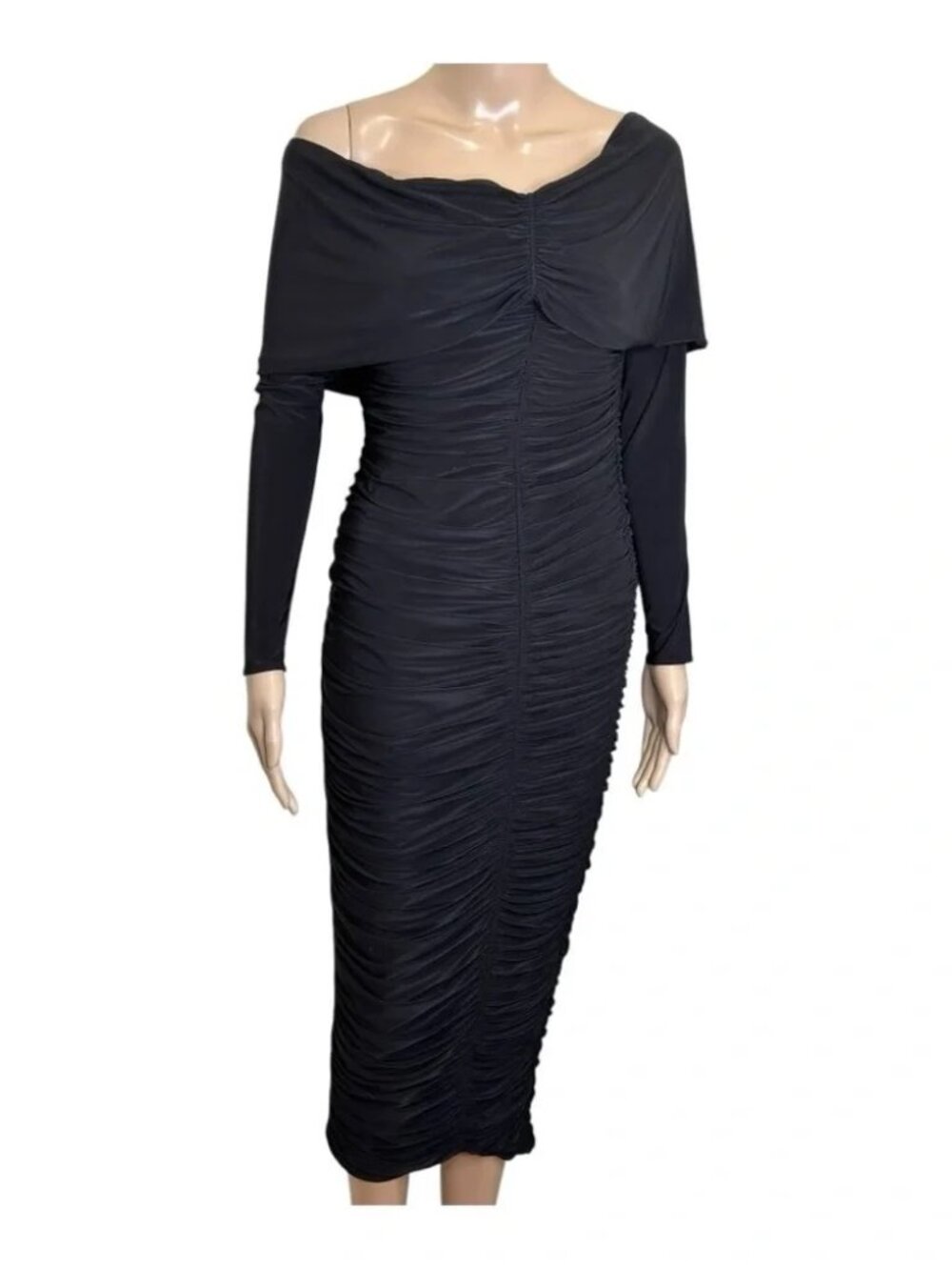 Naked Wardrobe Ruched Hourglass Long Sleeve Off the Shoulder Midi Bodycon Dress